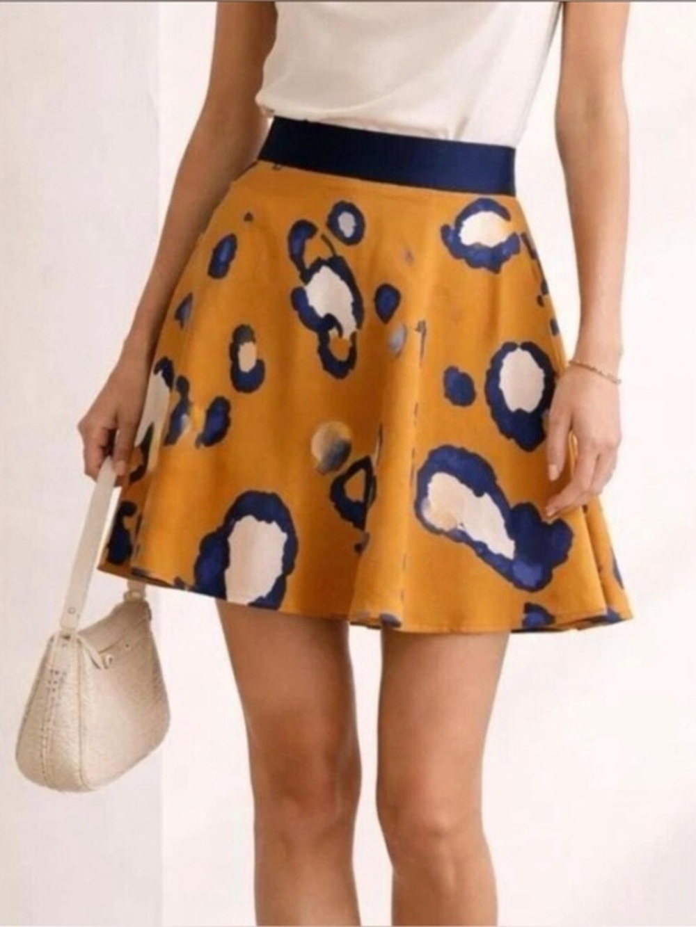 3.1 Phillip Lim Orange Floral-Print Skater Skirt with Navy Waistband size 4